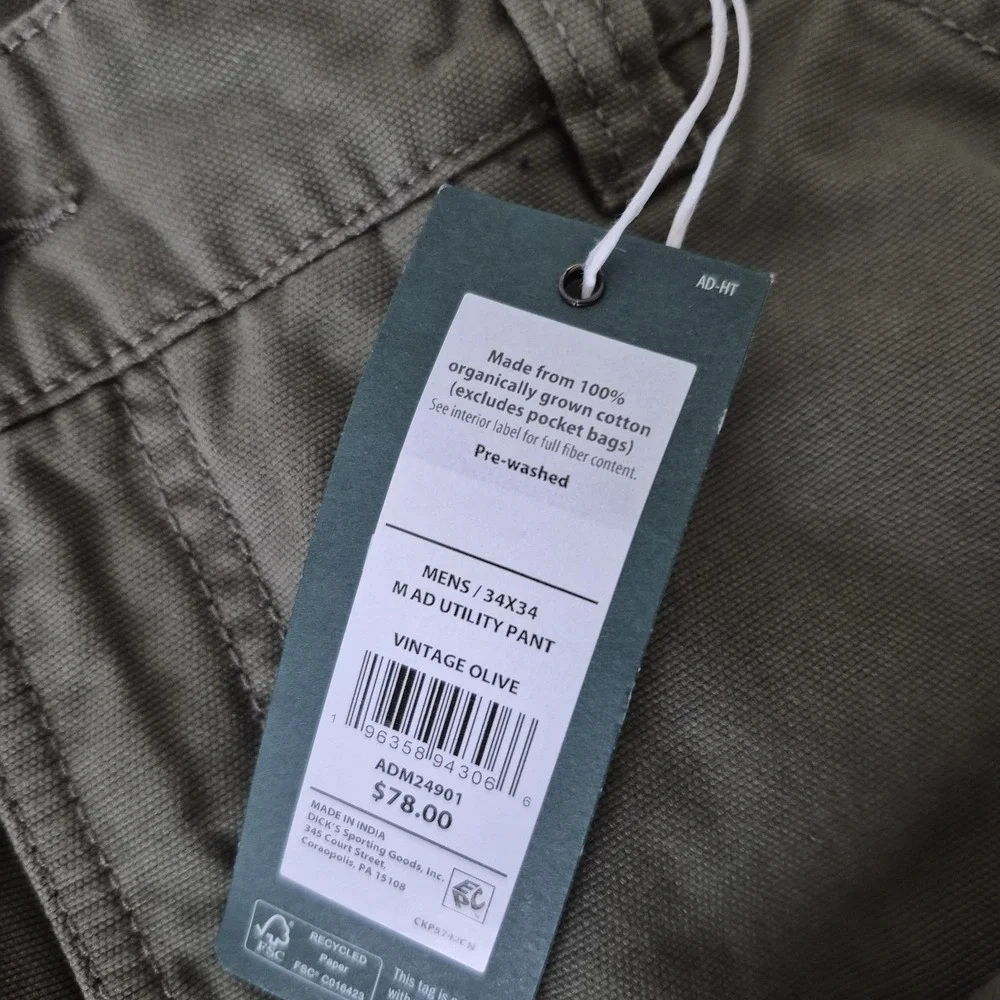 Alpine Design Pants 34x34 Military Green‎ Utility Pant Organic Cotton NEW